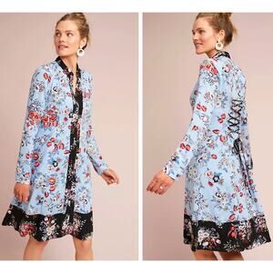 Anthropologie Maeve Leyster Shirtdress Women 4 Blue Floral LS Preppy Cottage NWT